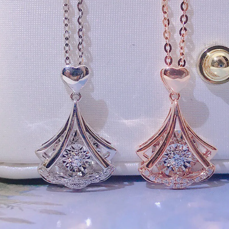18K Gold 0.075ct Natural Diamond Heart Shaped Waves Dancing Pendant Necklace
