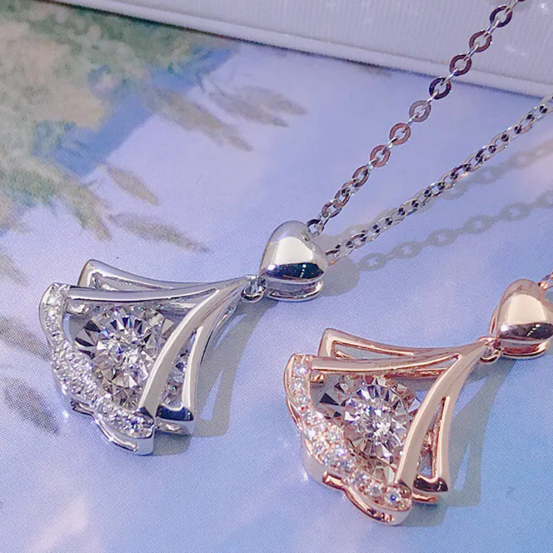 18K Gold 0.075ct Natural Diamond Heart Shaped Waves Dancing Pendant Necklace