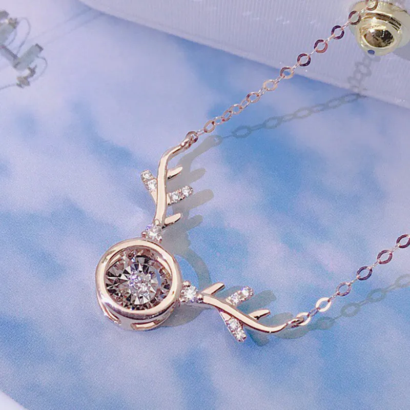 18K Gold 0.11ct Real Diamond Dancing Elk Antlers Necklace
