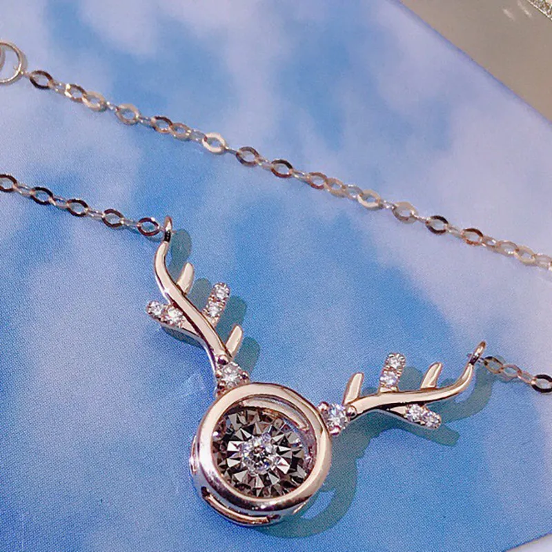 18K Gold 0.11ct Real Diamond Dancing Elk Antlers Necklace