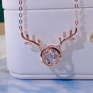 18K Gold 0.11ct Real Diamond Dancing Elk Antlers Necklace