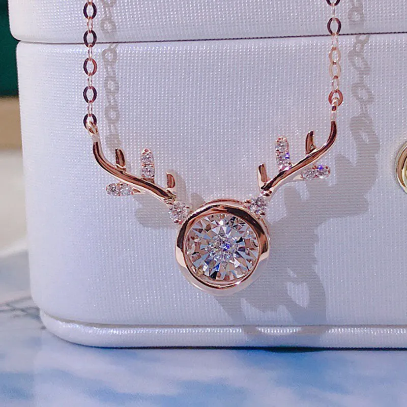 18K Gold 0.11ct Real Diamond Dancing Elk Antlers Necklace