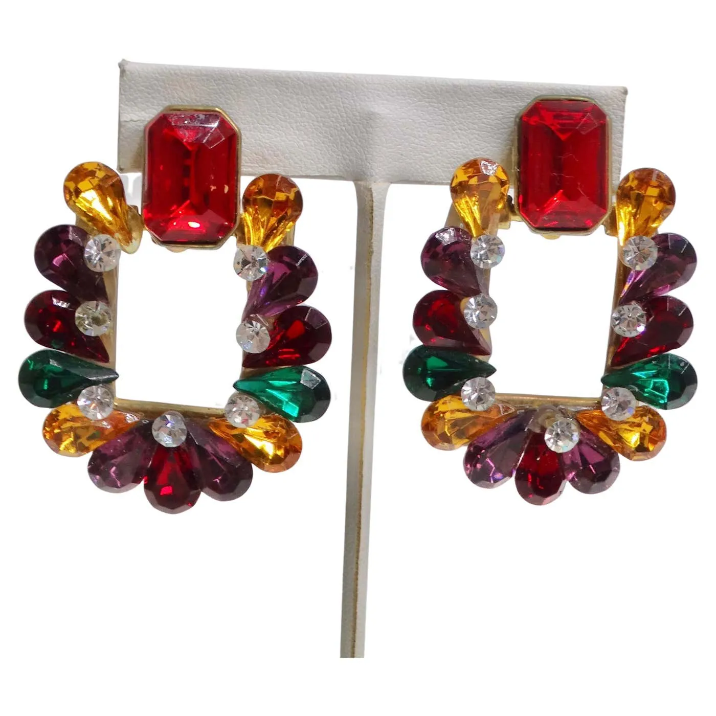 1980s Multicolor Rhinestone Clip On Earrings