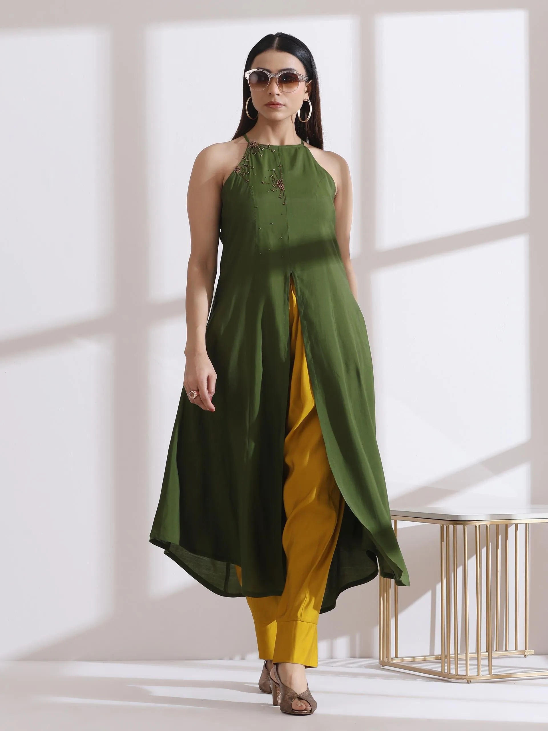 2 Pc Set - Airskin Mehndi Green With Bronze Beads Halter Kurta And Mustard Plazzo Pants
