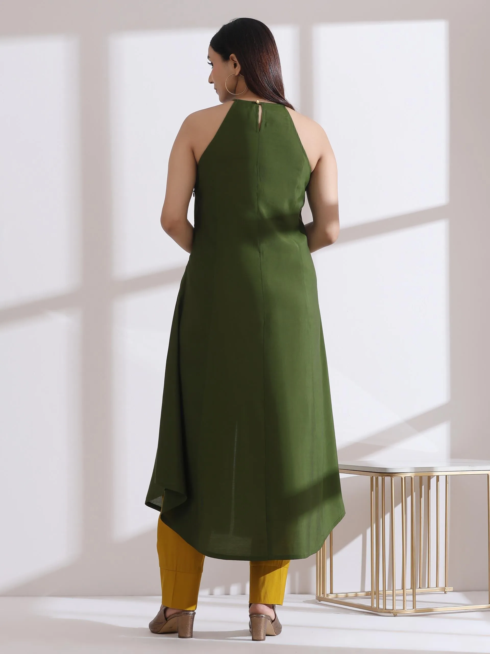 2 Pc Set - Airskin Mehndi Green With Bronze Beads Halter Kurta And Mustard Plazzo Pants
