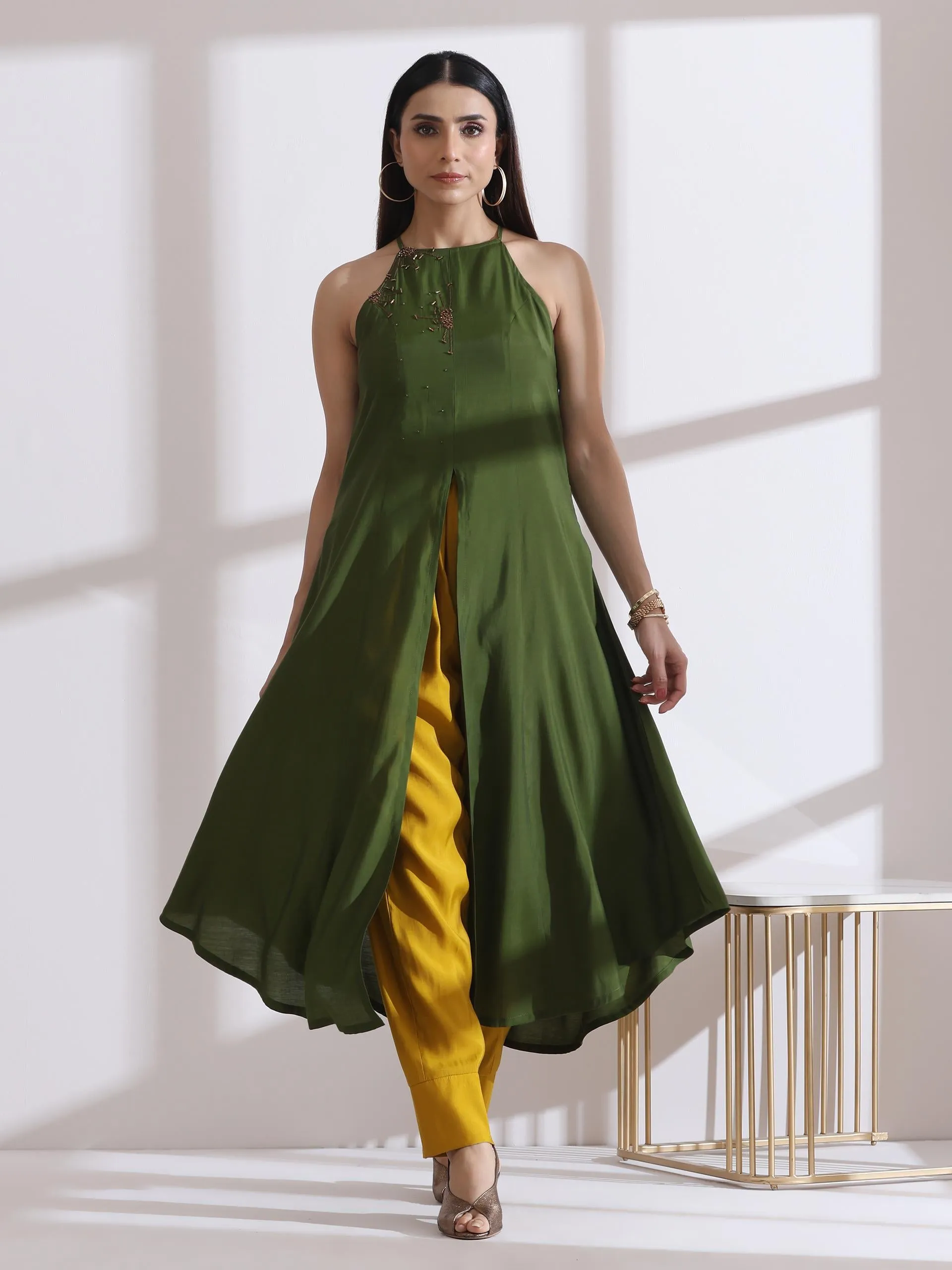 2 Pc Set - Airskin Mehndi Green With Bronze Beads Halter Kurta And Mustard Plazzo Pants