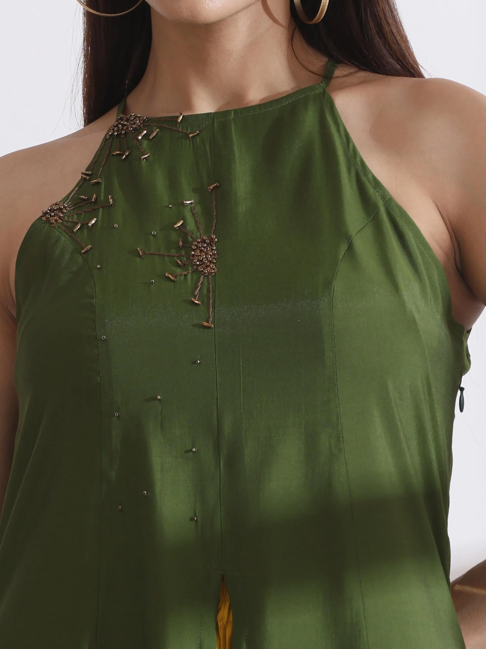 2 Pc Set - Airskin Mehndi Green With Bronze Beads Halter Kurta And Mustard Plazzo Pants