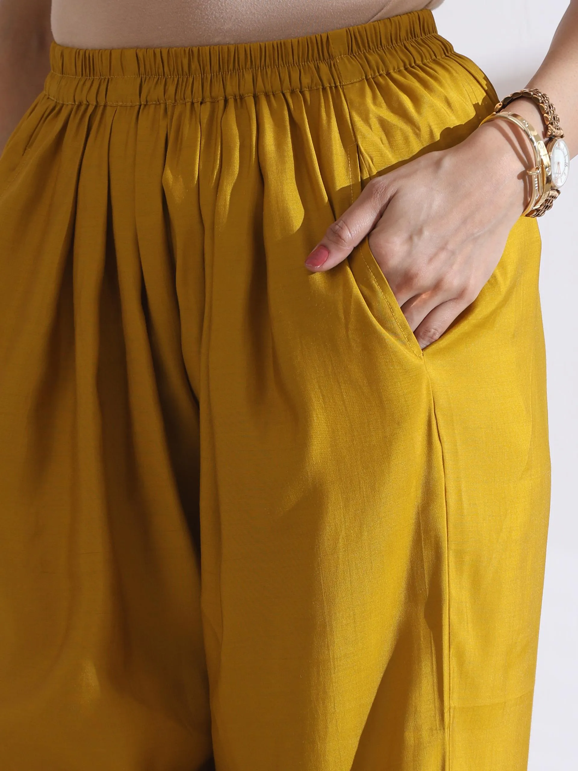 2 Pc Set - Airskin Mehndi Green With Bronze Beads Halter Kurta And Mustard Plazzo Pants