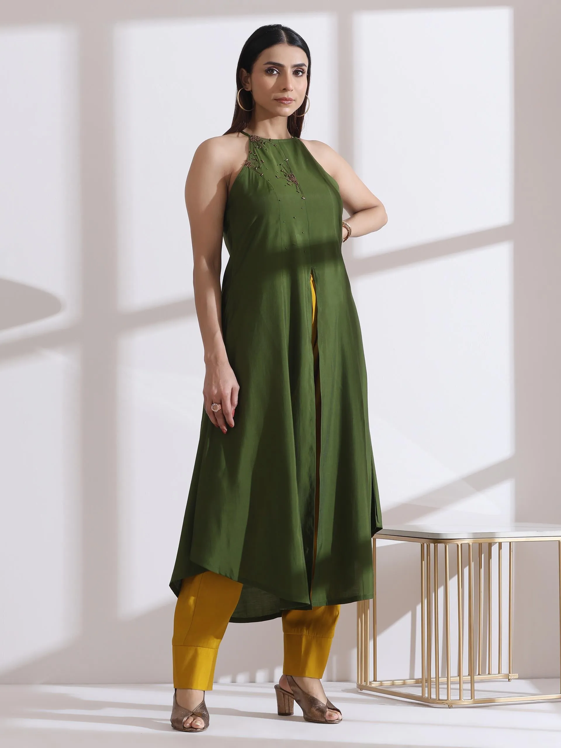 2 Pc Set - Airskin Mehndi Green With Bronze Beads Halter Kurta And Mustard Plazzo Pants