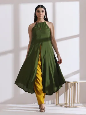 2 Pc Set - Airskin Mehndi Green With Bronze Beads Halter Kurta And Mustard Plazzo Pants