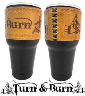 30 oz Insulated Black Tumbler with Removable Argentina Cow Leather 'Turn & Burn' Tooled Sleeve