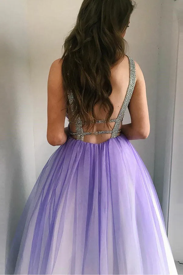 A-Line Deep V-Neck Floor-Length Purple Gradient Tulle Backless Prom Dress with Beading L027