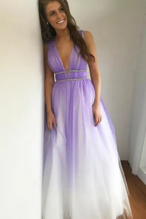 A-Line Deep V-Neck Floor-Length Purple Gradient Tulle Backless Prom Dress with Beading L027