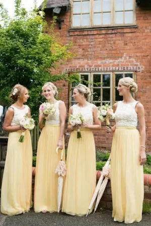 A-Line Round Neck Floor-Length Sleeveless Bridesmaid Dress with Lace OHS092