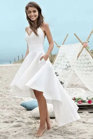 A-Line Spaghetti Straps High Low Ivory Satin Sleeveless Backless Prom Dress Q87