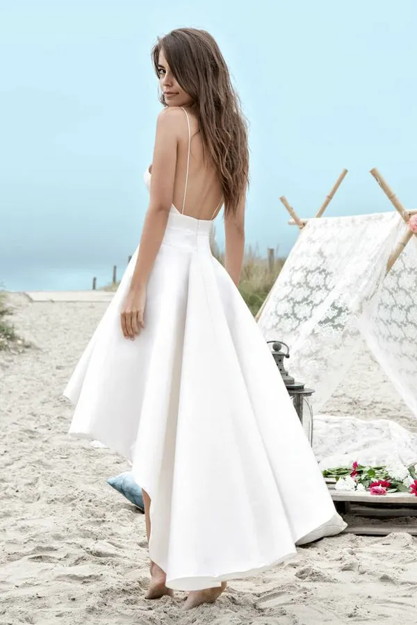 A-Line Spaghetti Straps High Low Ivory Satin Sleeveless Backless Prom Dress Q87