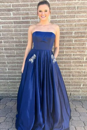 A-Line Strapless Sweep Train Royal Blue Satin Prom Dress with Beading Pockets L025