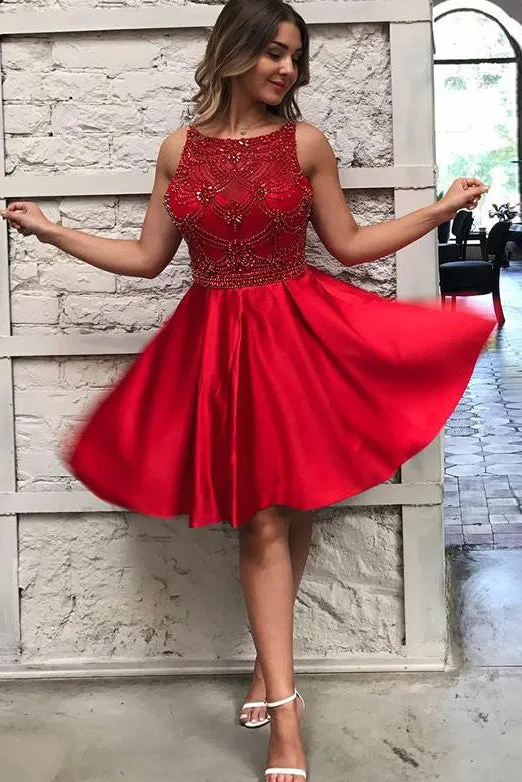 A Line Stylish Halter Red Short Homecoming Dresses with Beading OHM013