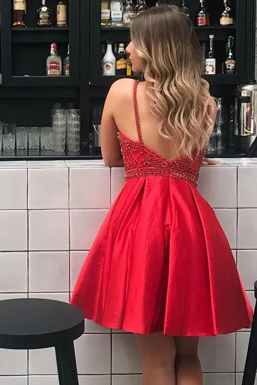 A Line Stylish Halter Red Short Homecoming Dresses with Beading OHM013