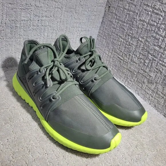 Adidas Tubular Radial Men's Size 13 US Olive Green &amp; Lime Green Running Sneakers