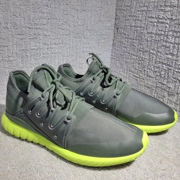 Adidas Tubular Radial Men's Size 13 US Olive Green &amp; Lime Green Running Sneakers