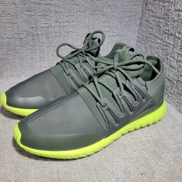 Adidas Tubular Radial Men's Size 13 US Olive Green &amp; Lime Green Running Sneakers