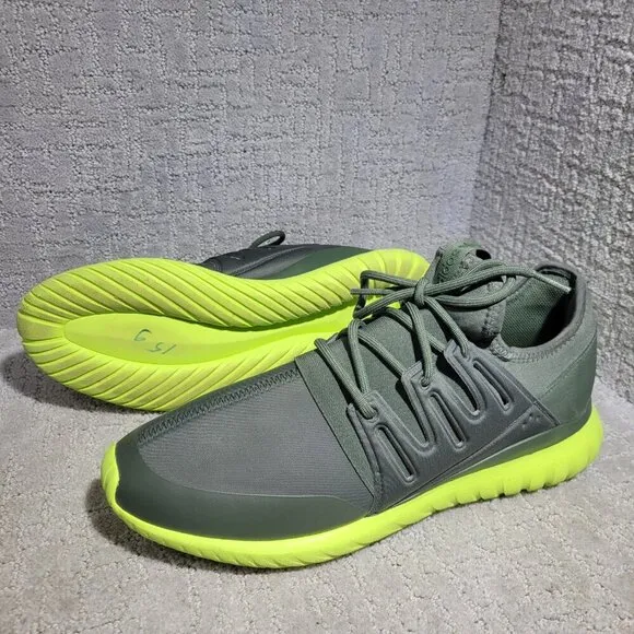 Adidas Tubular Radial Men's Size 13 US Olive Green &amp; Lime Green Running Sneakers