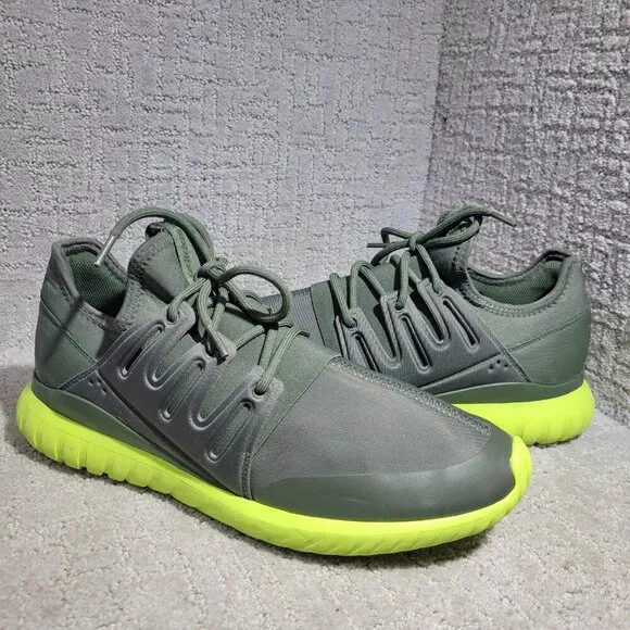 Adidas Tubular Radial Men's Size 13 US Olive Green &amp; Lime Green Running Sneakers