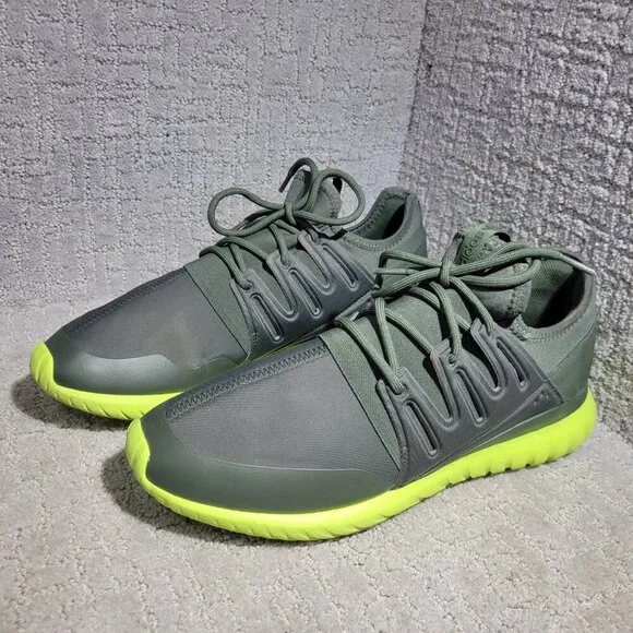 Adidas Tubular Radial Men's Size 13 US Olive Green &amp; Lime Green Running Sneakers