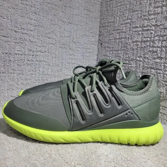 Adidas Tubular Radial Men's Size 13 US Olive Green &amp; Lime Green Running Sneakers