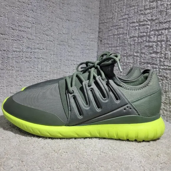 Adidas Tubular Radial Men's Size 13 US Olive Green &amp; Lime Green Running Sneakers
