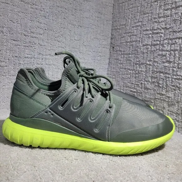 Adidas Tubular Radial Men's Size 13 US Olive Green &amp; Lime Green Running Sneakers