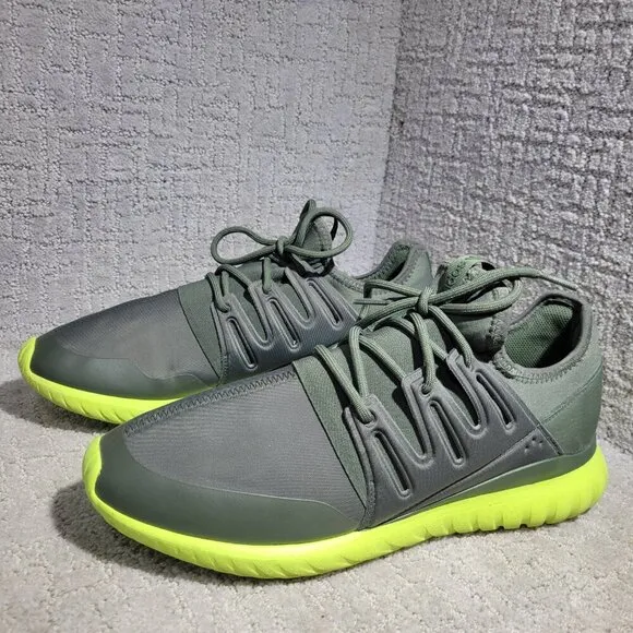 Adidas Tubular Radial Men's Size 13 US Olive Green &amp; Lime Green Running Sneakers