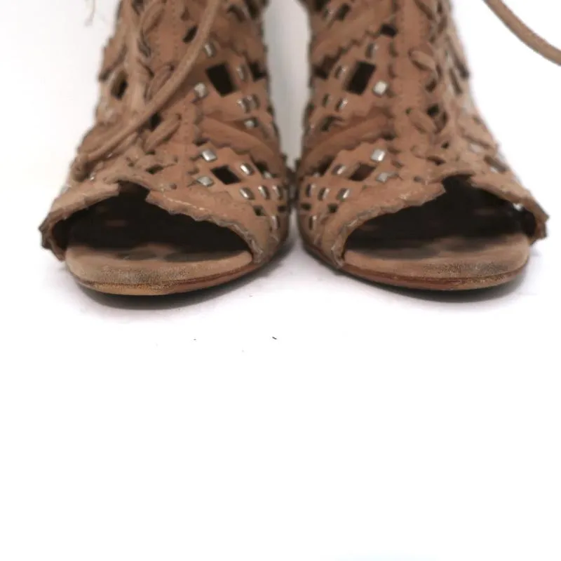 Alaia Studded Laser Cut Booties Blush Suede Size 35 Open Toe Ankle Boots