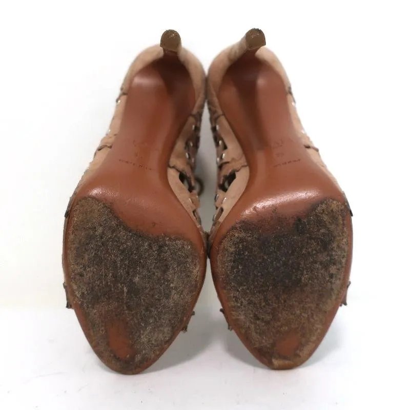 Alaia Studded Laser Cut Booties Blush Suede Size 35 Open Toe Ankle Boots