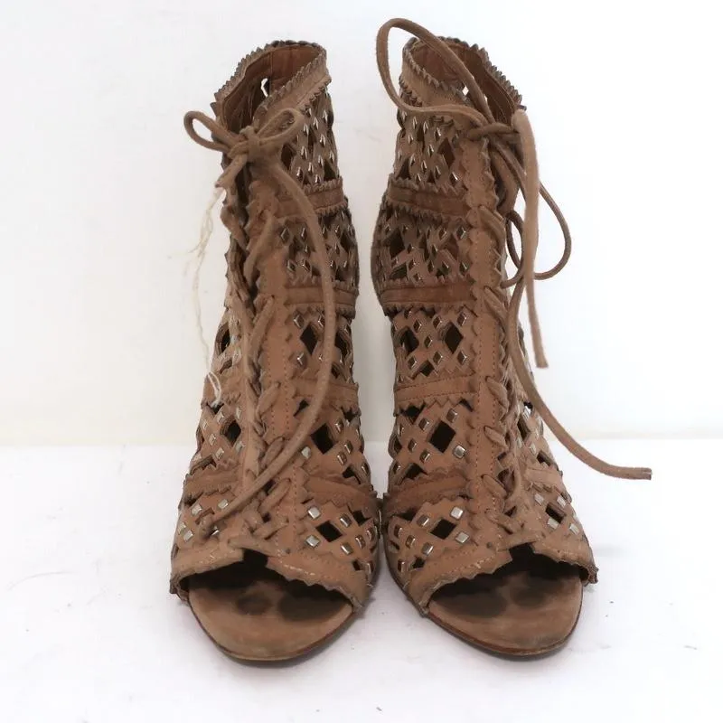 Alaia Studded Laser Cut Booties Blush Suede Size 35 Open Toe Ankle Boots