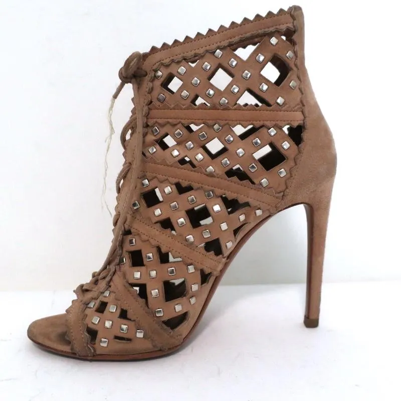 Alaia Studded Laser Cut Booties Blush Suede Size 35 Open Toe Ankle Boots