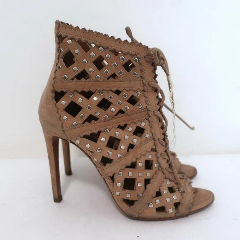 Alaia Studded Laser Cut Booties Blush Suede Size 35 Open Toe Ankle Boots