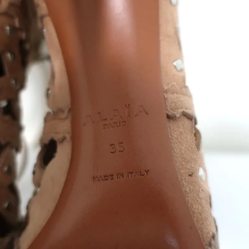 Alaia Studded Laser Cut Booties Blush Suede Size 35 Open Toe Ankle Boots