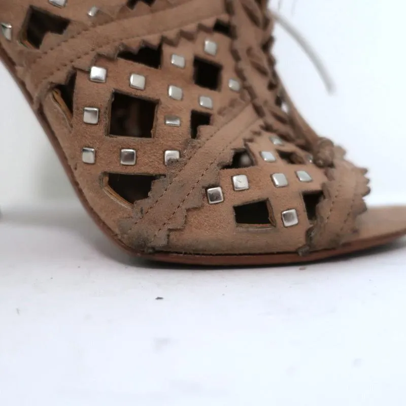 Alaia Studded Laser Cut Booties Blush Suede Size 35 Open Toe Ankle Boots