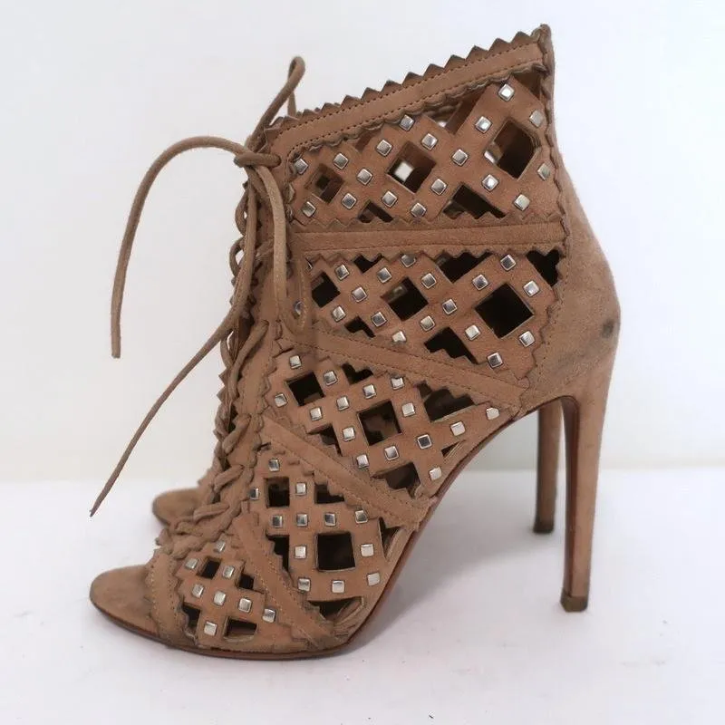 Alaia Studded Laser Cut Booties Blush Suede Size 35 Open Toe Ankle Boots