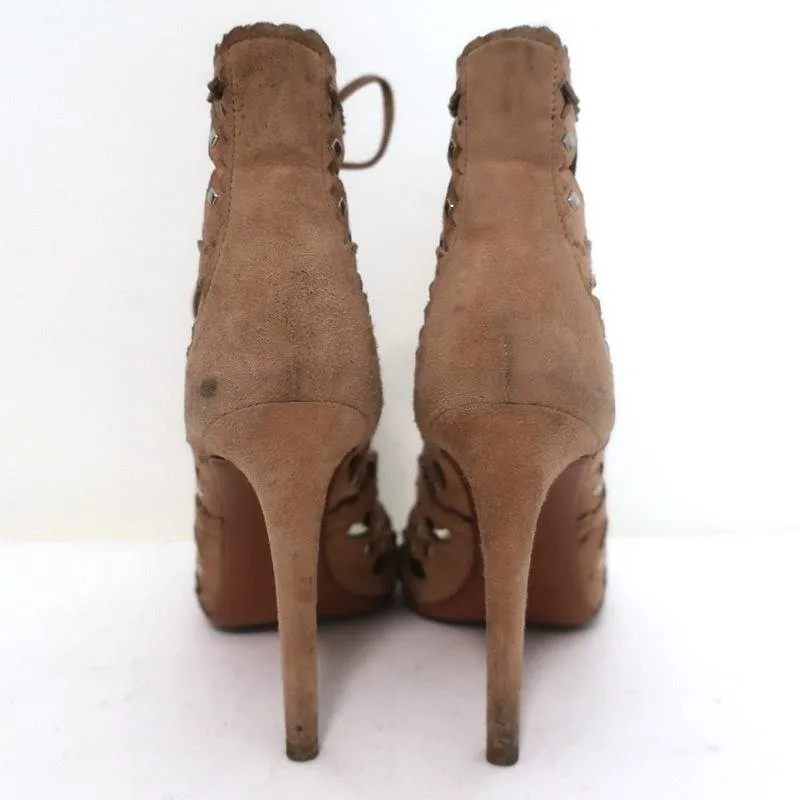 Alaia Studded Laser Cut Booties Blush Suede Size 35 Open Toe Ankle Boots