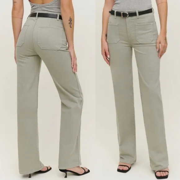 Alyssa High Rise Wide Leg Long Jeans in Moss Green