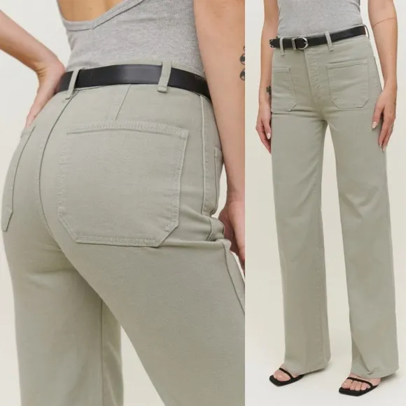 Alyssa High Rise Wide Leg Long Jeans in Moss Green