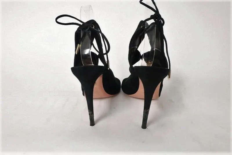 Aquazzura Booties Pasadena Black Cutout Suede Size 39 Open Toe Tie-Back Heel