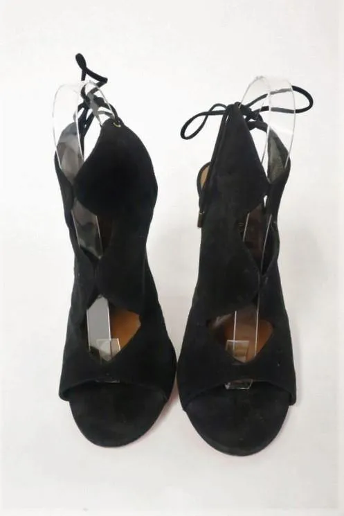 Aquazzura Booties Pasadena Black Cutout Suede Size 39 Open Toe Tie-Back Heel