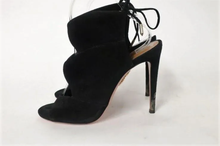 Aquazzura Booties Pasadena Black Cutout Suede Size 39 Open Toe Tie-Back Heel