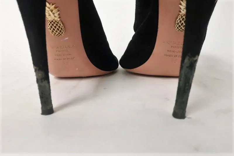 Aquazzura Booties Pasadena Black Cutout Suede Size 39 Open Toe Tie-Back Heel