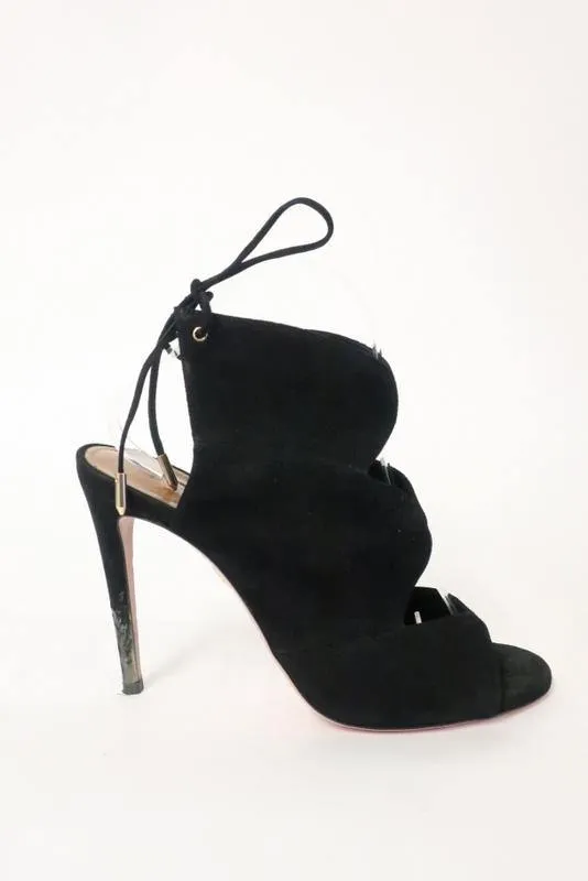 Aquazzura Booties Pasadena Black Cutout Suede Size 39 Open Toe Tie-Back Heel