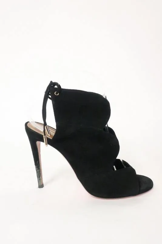 Aquazzura Booties Pasadena Black Cutout Suede Size 39 Open Toe Tie-Back Heel
